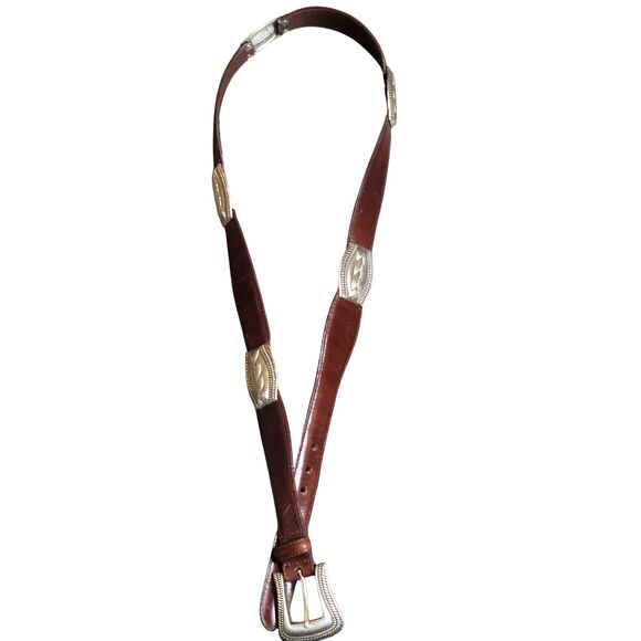 Fossil Leather Belt Women Neutral Tan Size XL Silverplated Santa Fe Style - Picture 3 of 13